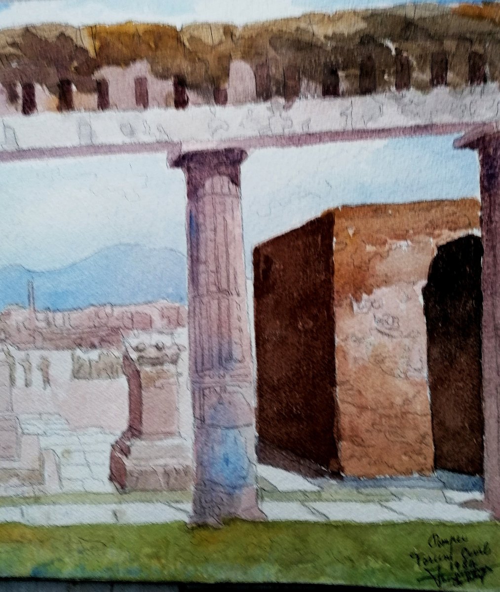 Watercolor - Henri Bessagnet - Civil Forum Of Pompeii 1984 - Bordeaux School --photo-3