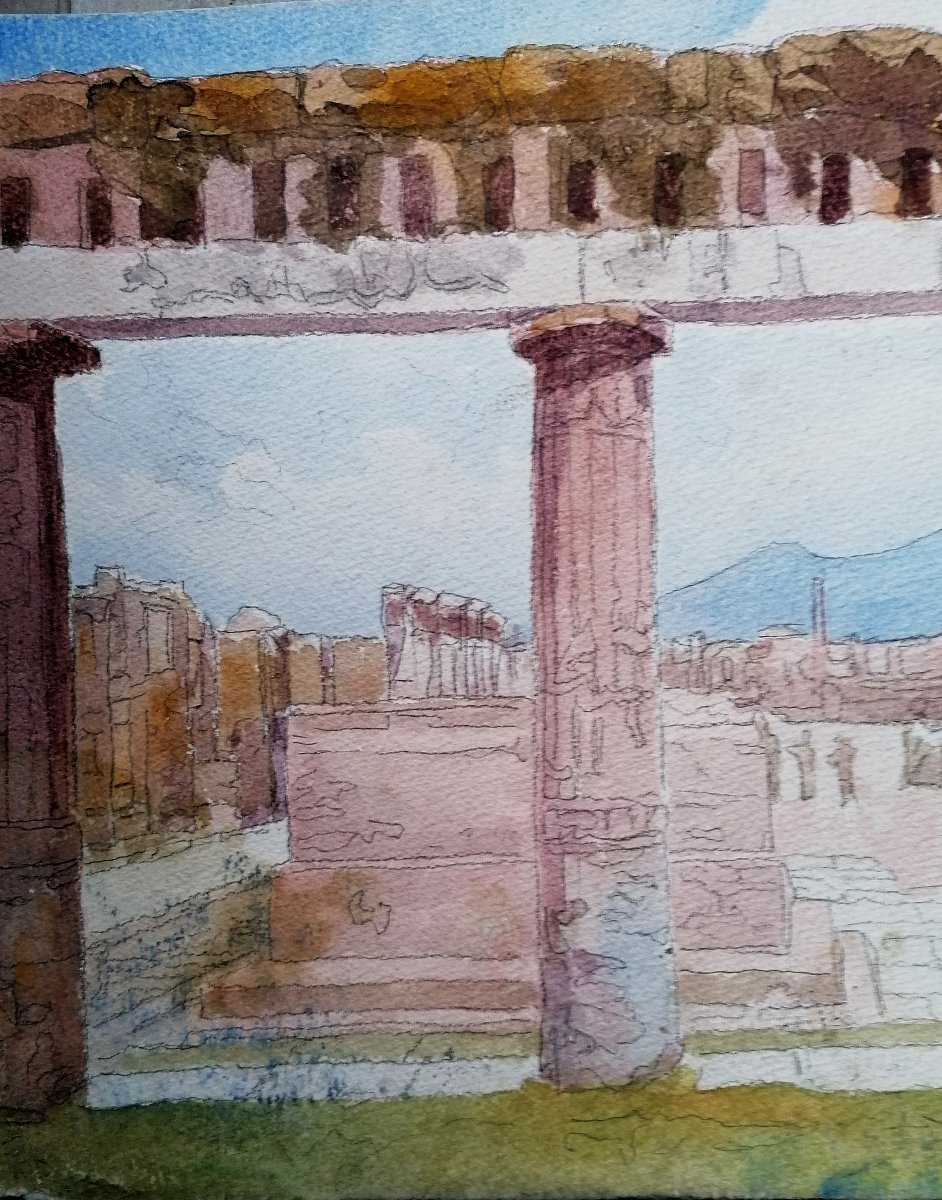 Watercolor - Henri Bessagnet - Civil Forum Of Pompeii 1984 - Bordeaux School --photo-1