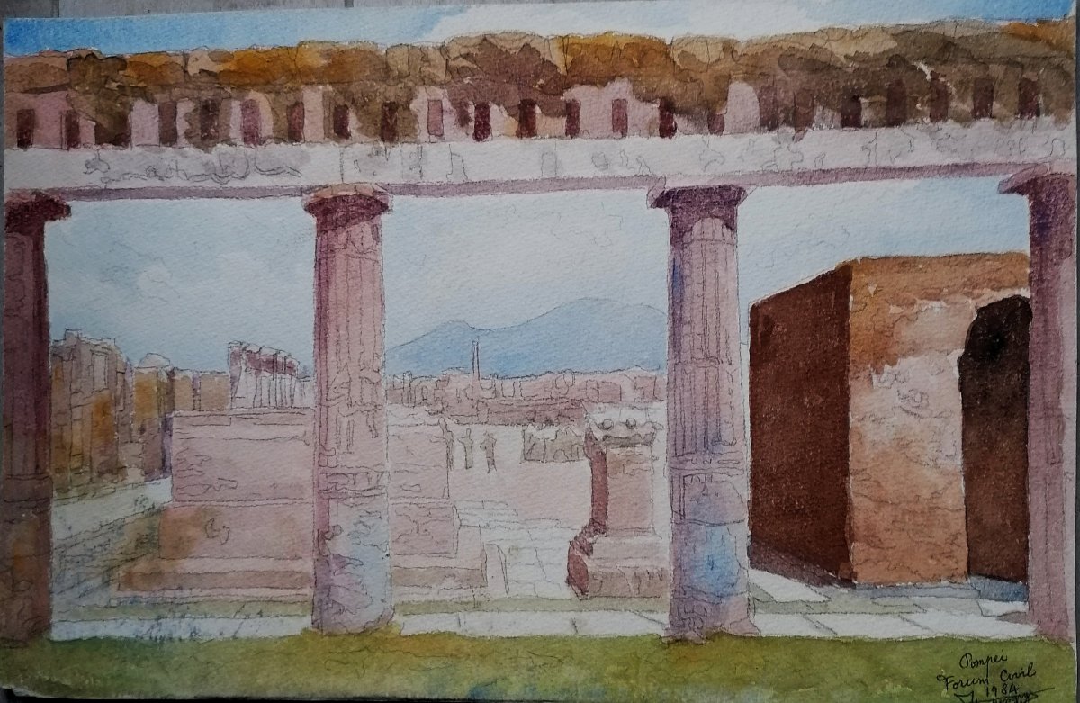 Watercolor - Henri Bessagnet - Civil Forum Of Pompeii 1984 - Bordeaux School -