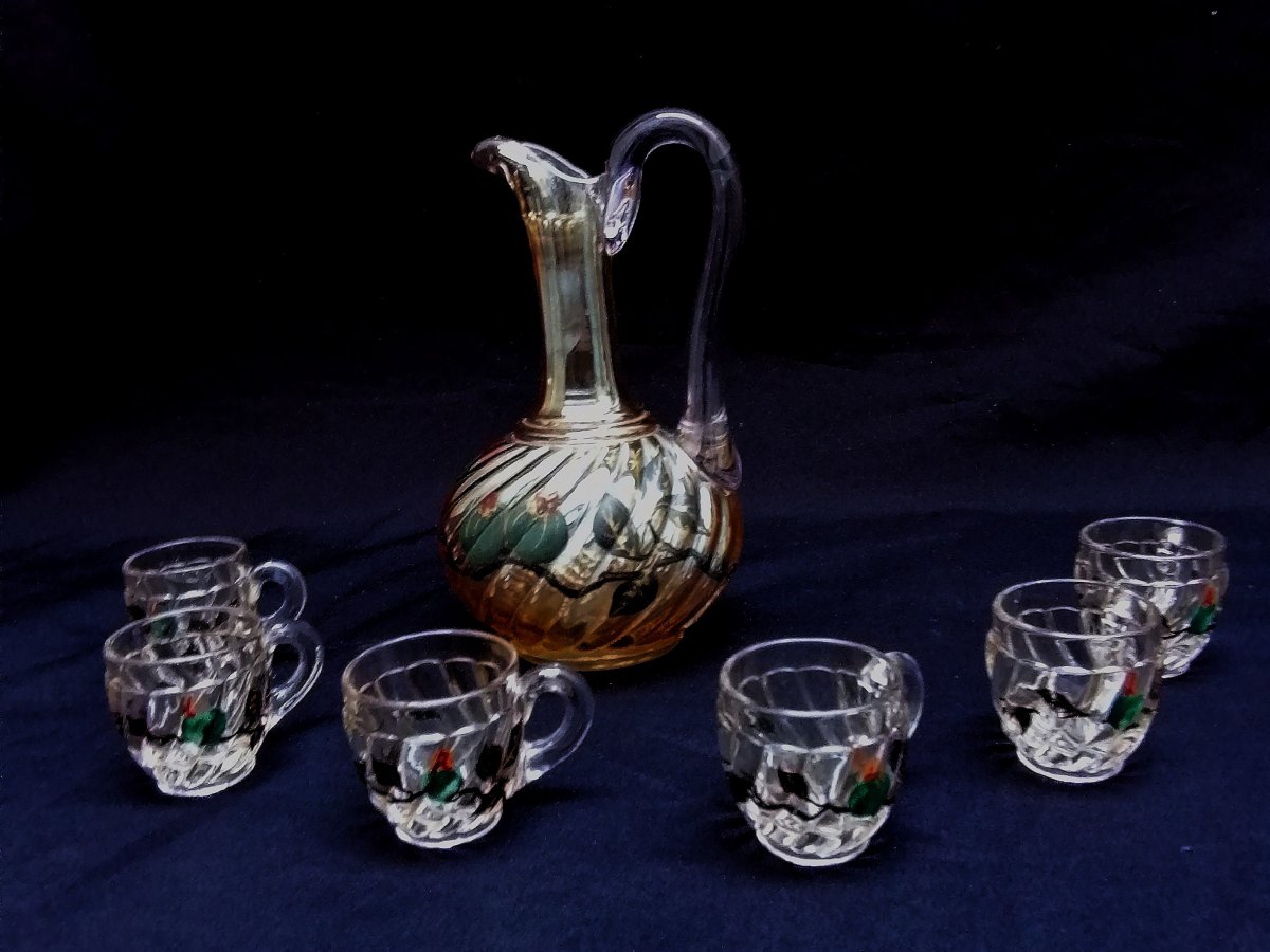 Enameled Crystal Liqueur Set - Art Nouveau Period - Baccarat Model - 