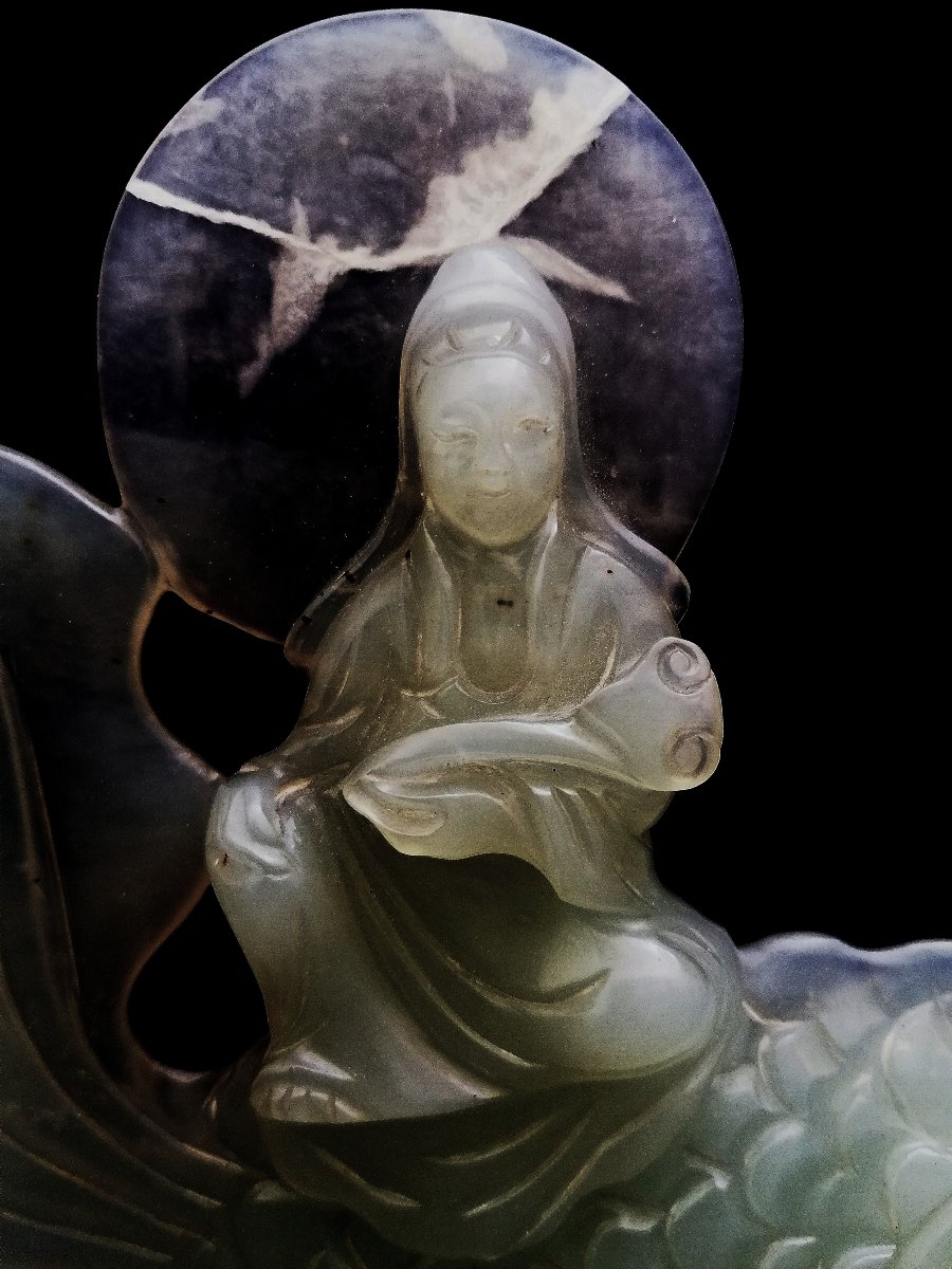 Pale Green Jade Sculpture - Guan Yin On A Koi Carp - 20th Century - China --photo-2
