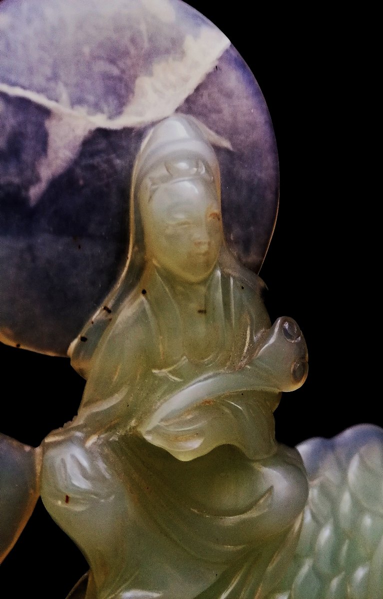 Pale Green Jade Sculpture - Guan Yin On A Koi Carp - 20th Century - China --photo-1