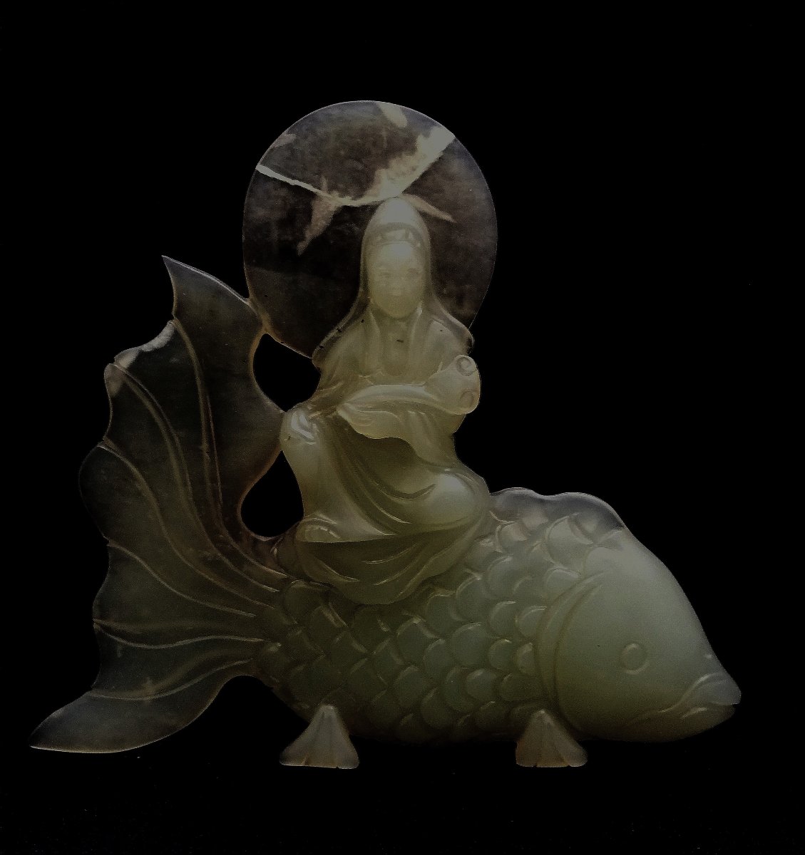 Pale Green Jade Sculpture - Guan Yin On A Koi Carp - 20th Century - China --photo-3