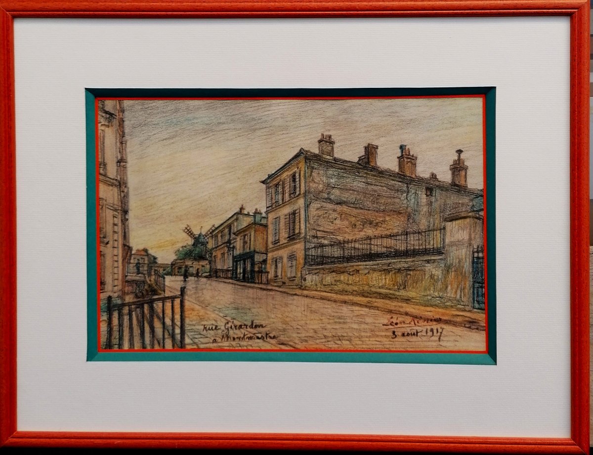 Leon Renier - Oil Pastel Drawing - Rue Gerardon, Montmartre - Paris - Moulin Rouge - 1917 - 2/3-photo-2