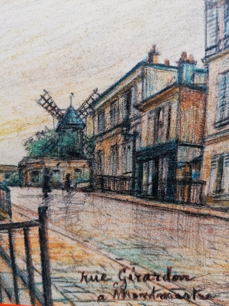 Leon Renier - Oil Pastel Drawing - Rue Gerardon, Montmartre - Paris - Moulin Rouge - 1917 - 2/3-photo-4