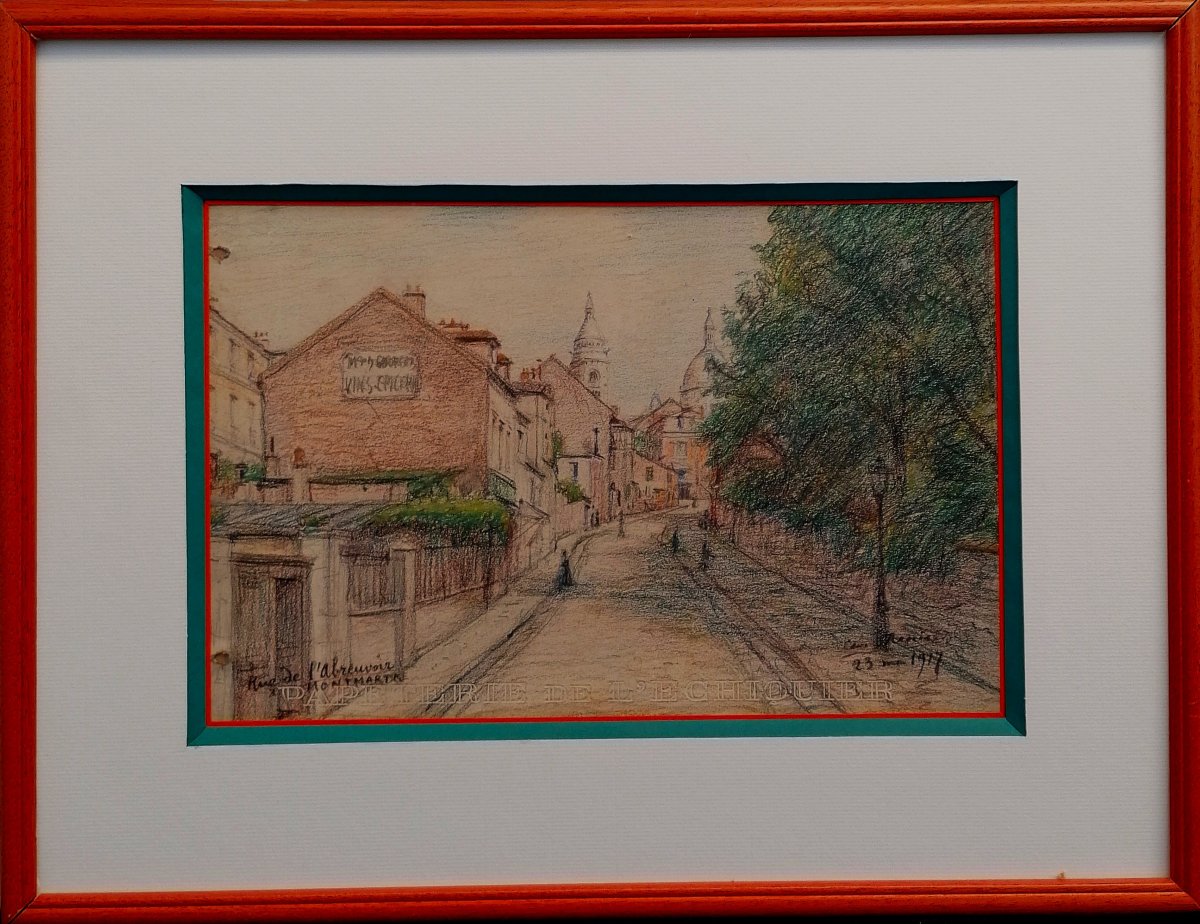 LEON RENIER - DESSIN CRAYON GRAS - RUE DE L'ABREUVOIR - MONTMARTRE - SACRE COEUR - 1917 - 3/3-photo-2