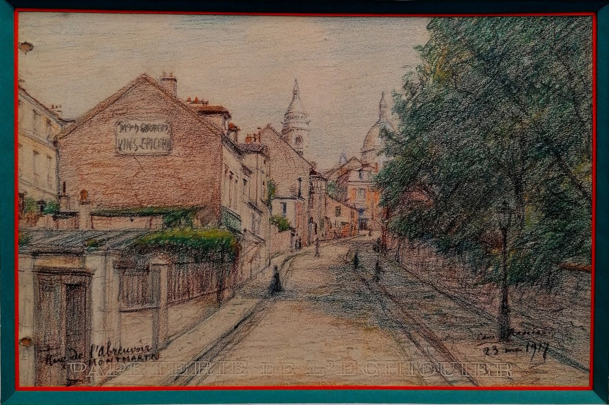 LEON RENIER - DESSIN CRAYON GRAS - RUE DE L'ABREUVOIR - MONTMARTRE - SACRE COEUR - 1917 - 3/3