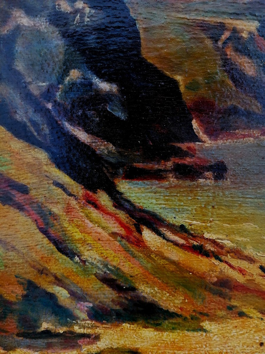 HUILE SUR BOIS - MARINE - VUE DE LA BRETAGNE - XXEME SIECLE - TRACE DE SIGNATURE --photo-4