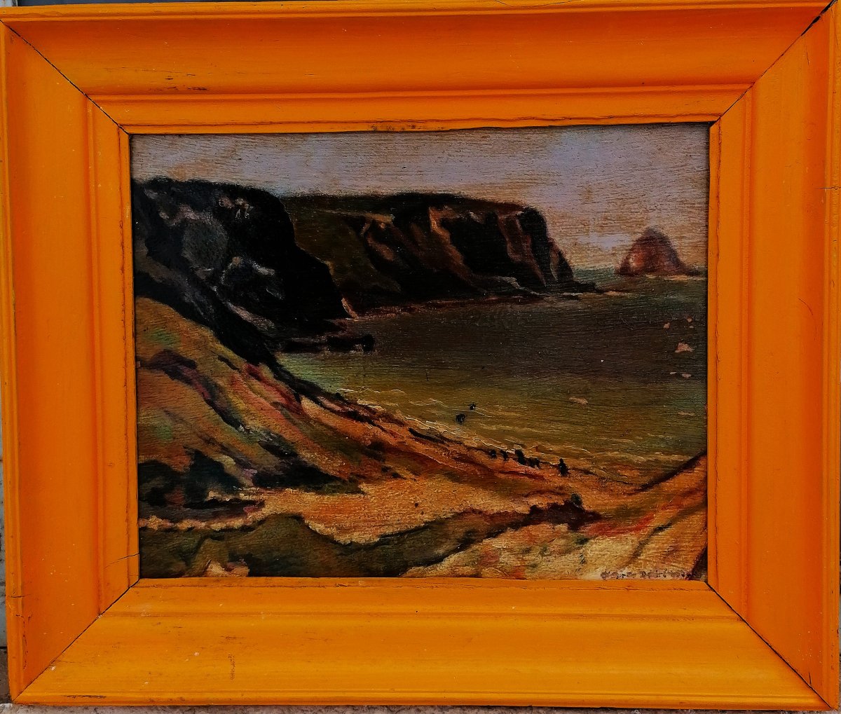 HUILE SUR BOIS - MARINE - VUE DE LA BRETAGNE - XXEME SIECLE - TRACE DE SIGNATURE --photo-1