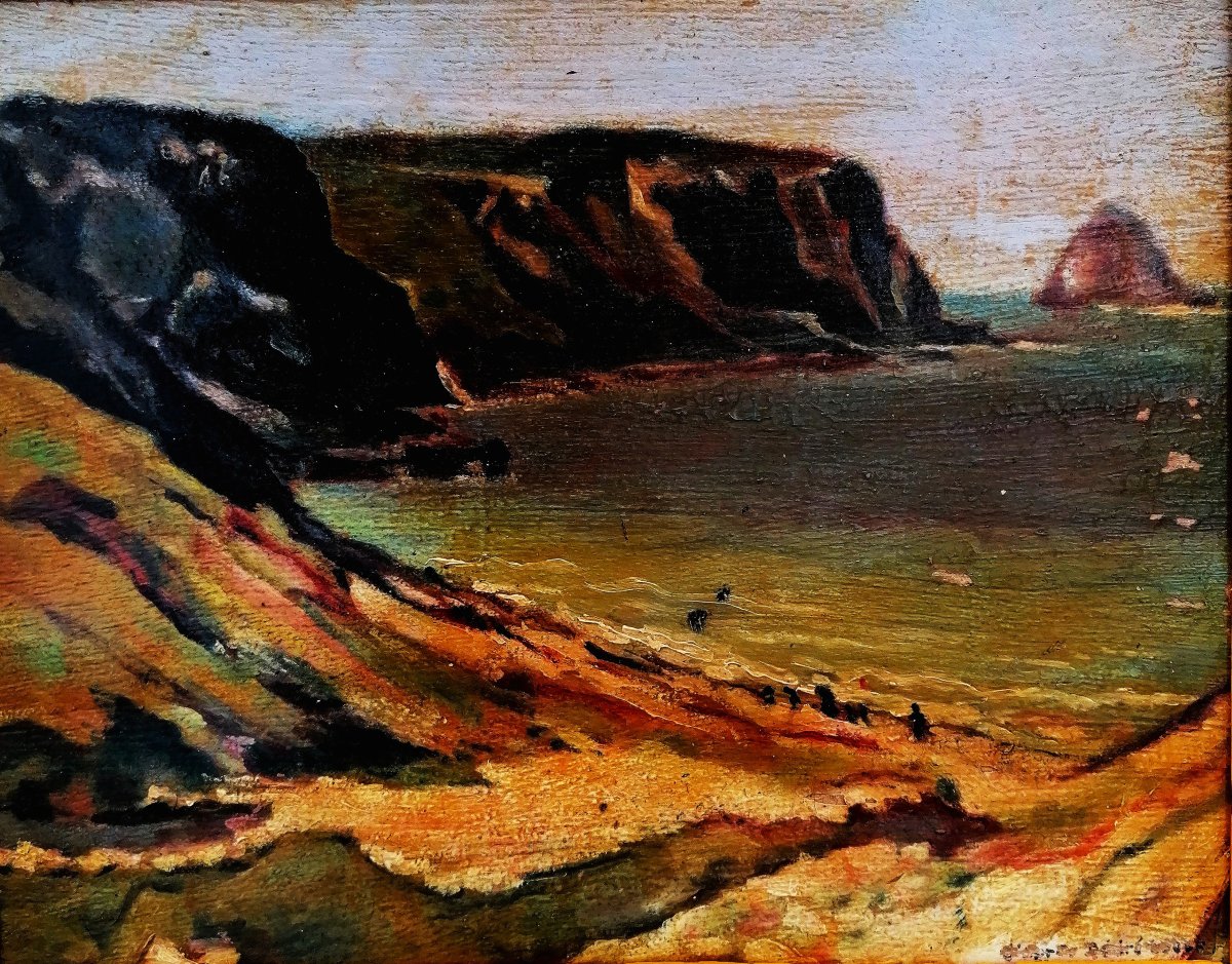 HUILE SUR BOIS - MARINE - VUE DE LA BRETAGNE - XXEME SIECLE - TRACE DE SIGNATURE -