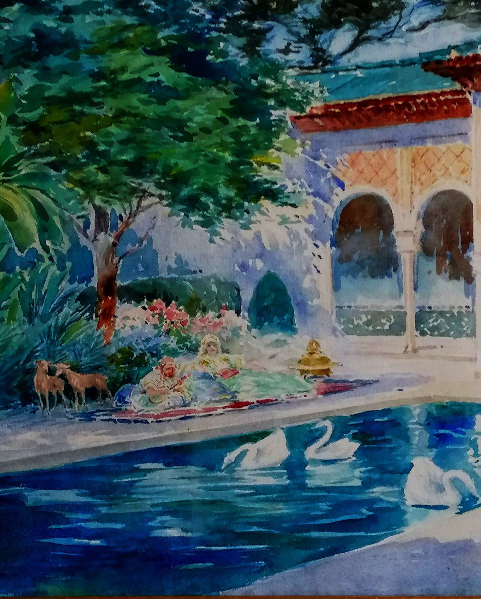 Juan (jean) Sala 1869–1918 - Orientalist Watercolor - The Alhambra In Granada - -photo-3