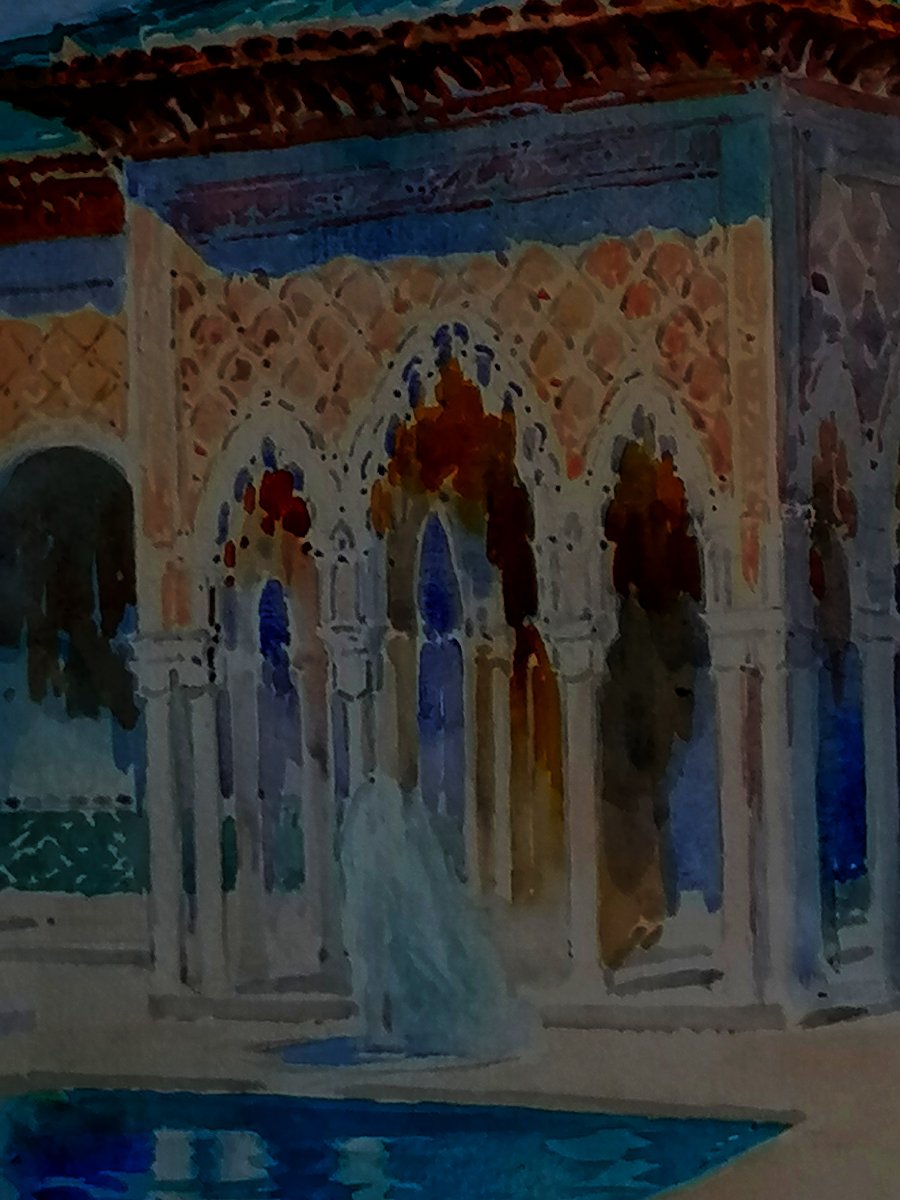 Juan (jean) Sala 1869–1918 - Orientalist Watercolor - The Alhambra In Granada - -photo-2