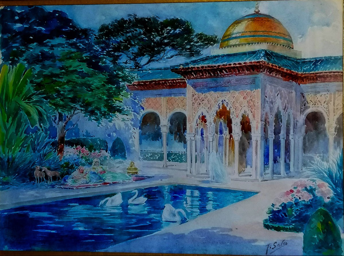 Juan (jean) Sala 1869–1918 - Orientalist Watercolor - The Alhambra In Granada - 
