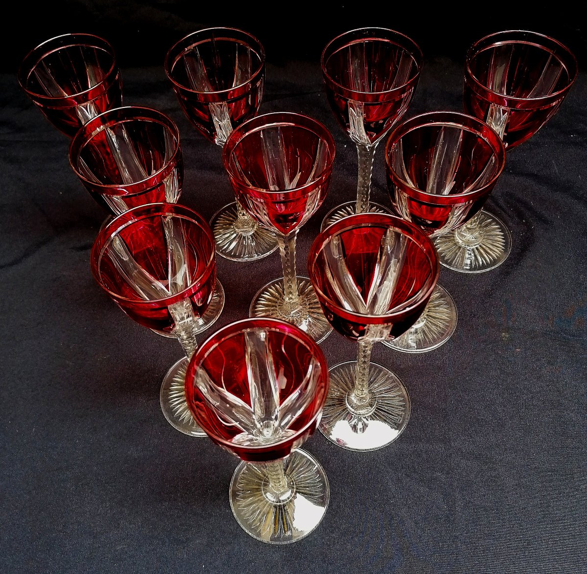 ENSEMBLE DE 10 VERRES ROUGE  A VIN DU RHIN ROEMER  - CRISTAL TAILLE DE SAINT LOUIS - ART DECO-photo-2