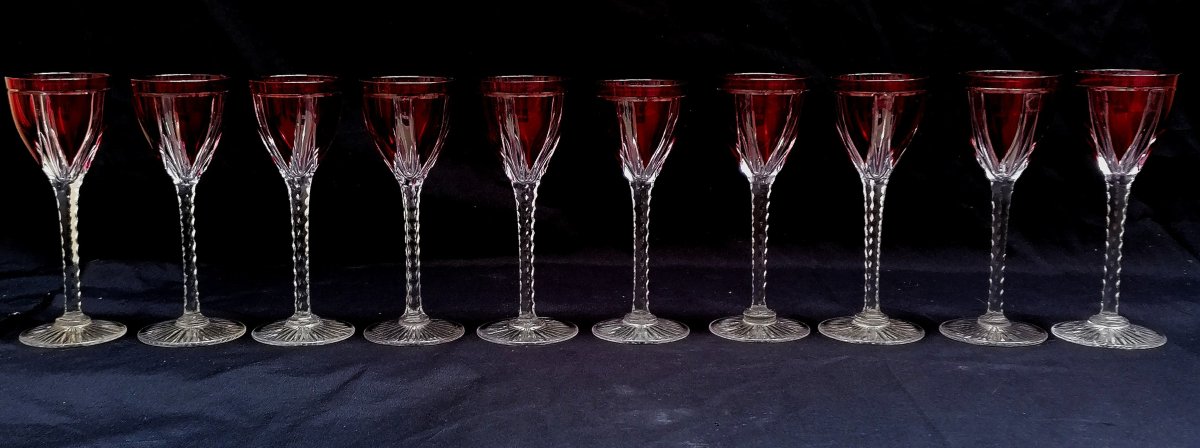 ENSEMBLE DE 10 VERRES ROUGE  A VIN DU RHIN ROEMER  - CRISTAL TAILLE DE SAINT LOUIS - ART DECO-photo-3