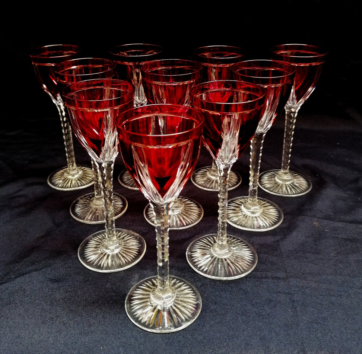 ENSEMBLE DE 10 VERRES ROUGE  A VIN DU RHIN ROEMER  - CRISTAL TAILLE DE SAINT LOUIS - ART DECO-photo-1