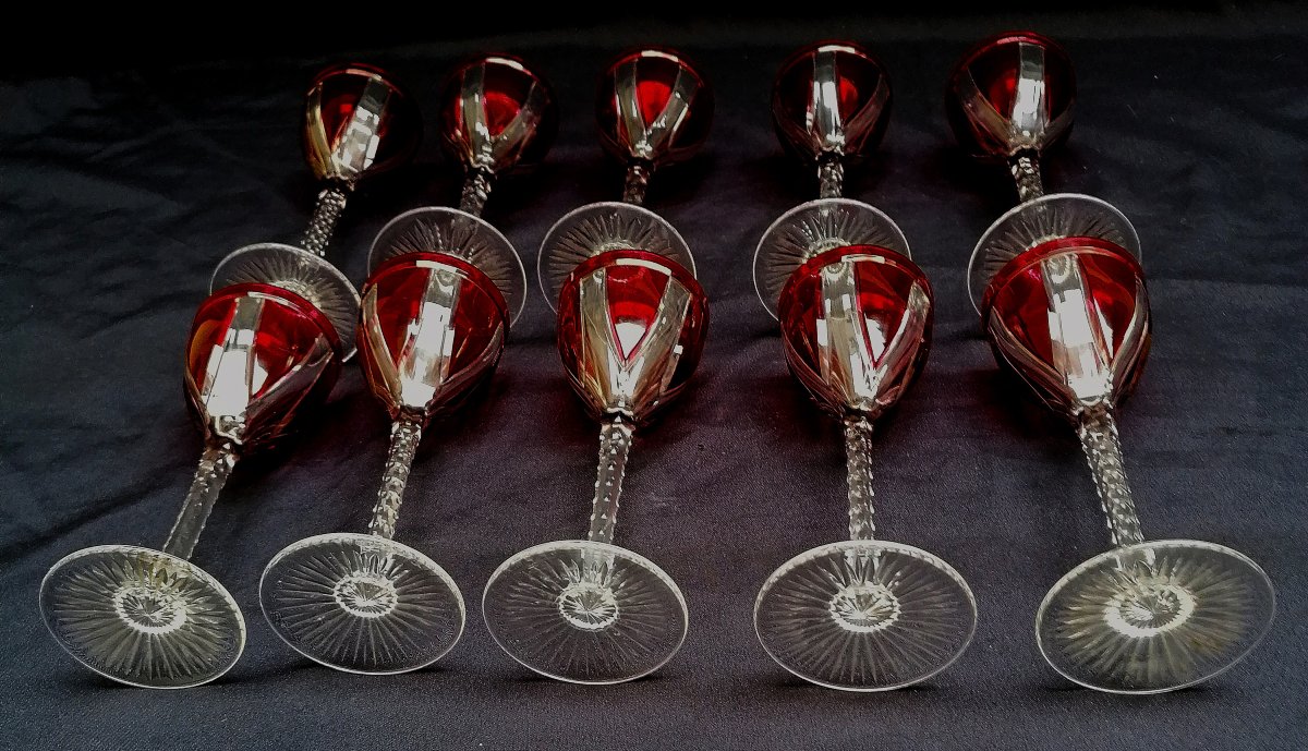 ENSEMBLE DE 10 VERRES ROUGE  A VIN DU RHIN ROEMER  - CRISTAL TAILLE DE SAINT LOUIS - ART DECO-photo-2