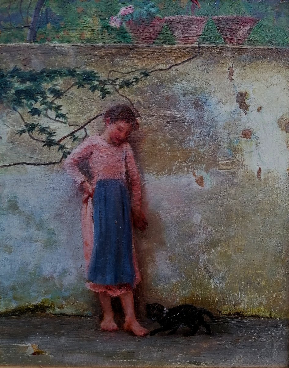 WALTER MACLAREN 1869-1893 - PETITE FILLE ET SON CHAT - CIRCA 1889 - ECOLE ANGLAISE - -photo-2