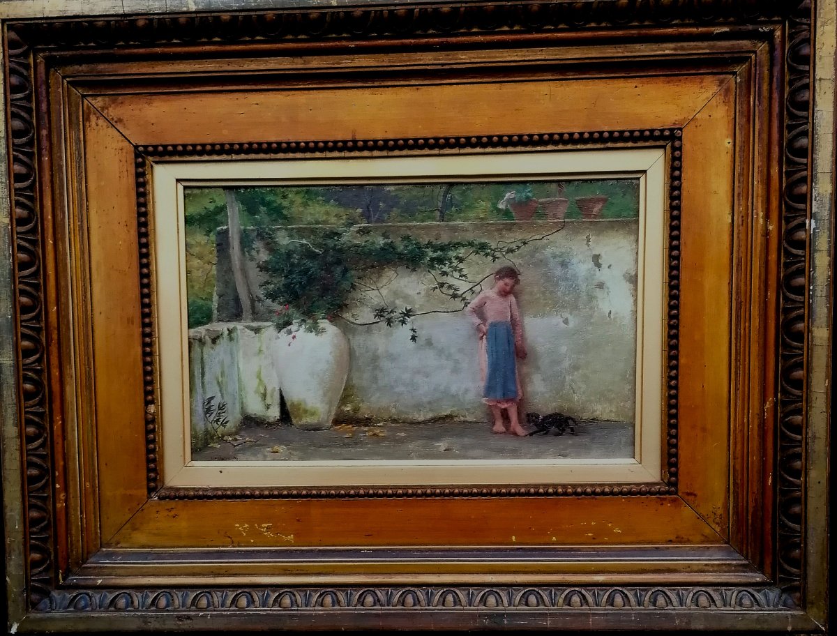 WALTER MACLAREN 1869-1893 - PETITE FILLE ET SON CHAT - CIRCA 1889 - ECOLE ANGLAISE - -photo-1
