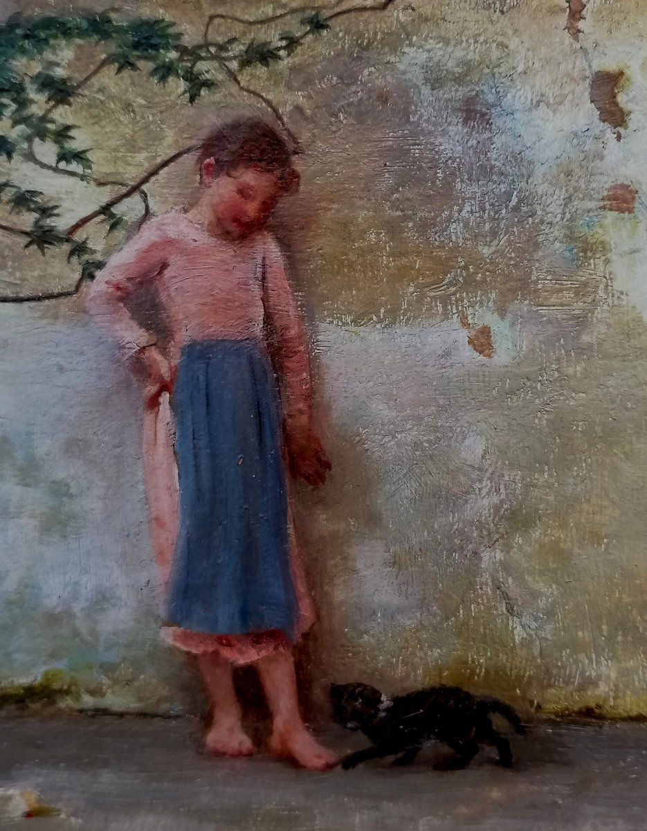 WALTER MACLAREN 1869-1893 - PETITE FILLE ET SON CHAT - CIRCA 1889 - ECOLE ANGLAISE - -photo-2