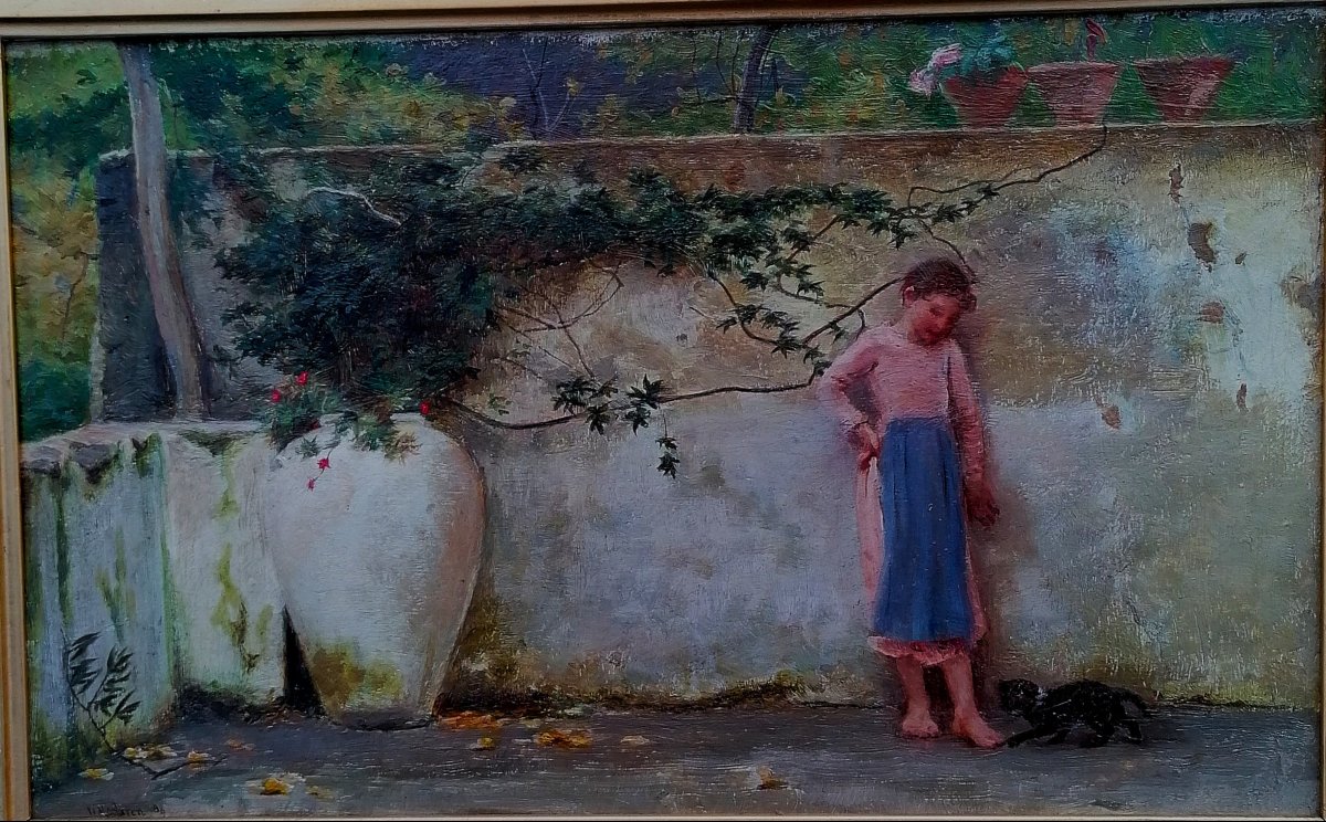 WALTER MACLAREN 1869-1893 - PETITE FILLE ET SON CHAT - CIRCA 1889 - ECOLE ANGLAISE - 