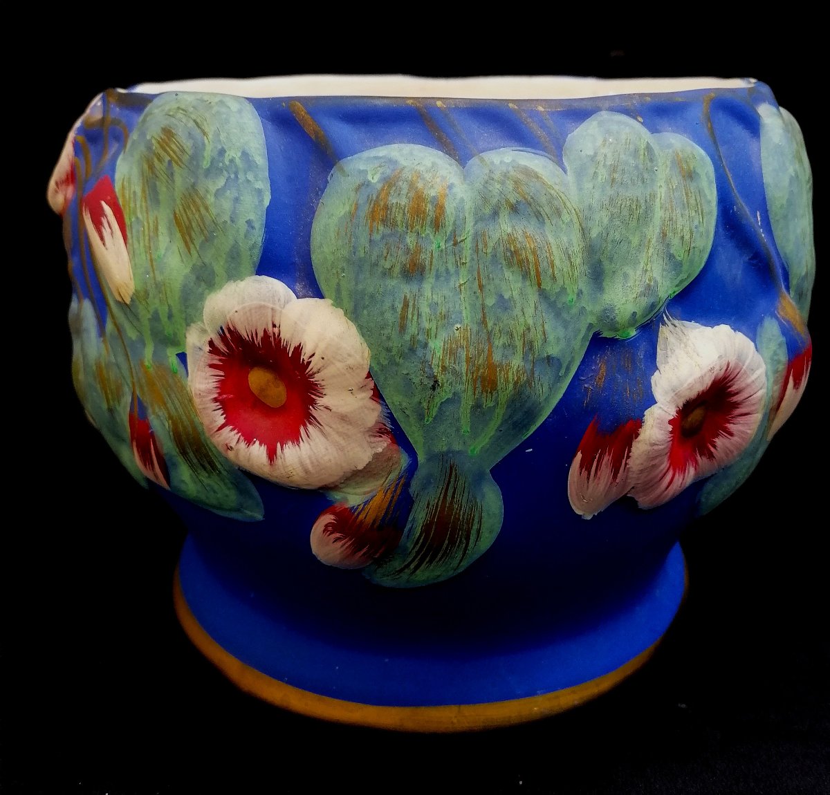 JARDINIERE EN BISCUIT D'EPOQUE ART NOUVEAU - DECOR DE FLEURS - DECOR PEINT NON EMAILLE - -photo-3
