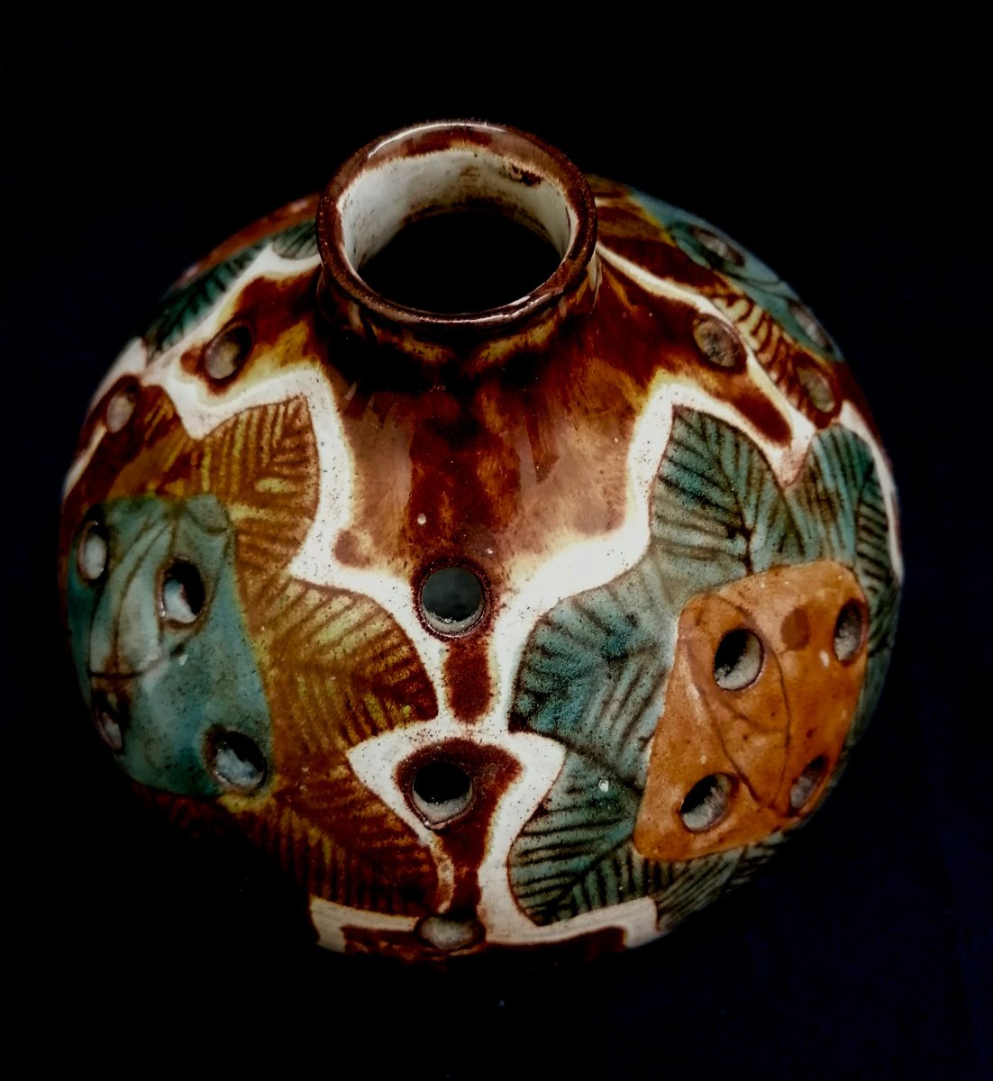 JEAN CLAUDE MALARMEY - VASE PIQUE FLEURS - DECOR AUX FEUILLES - CERAMIQUE - CIRCA 1960 --photo-2