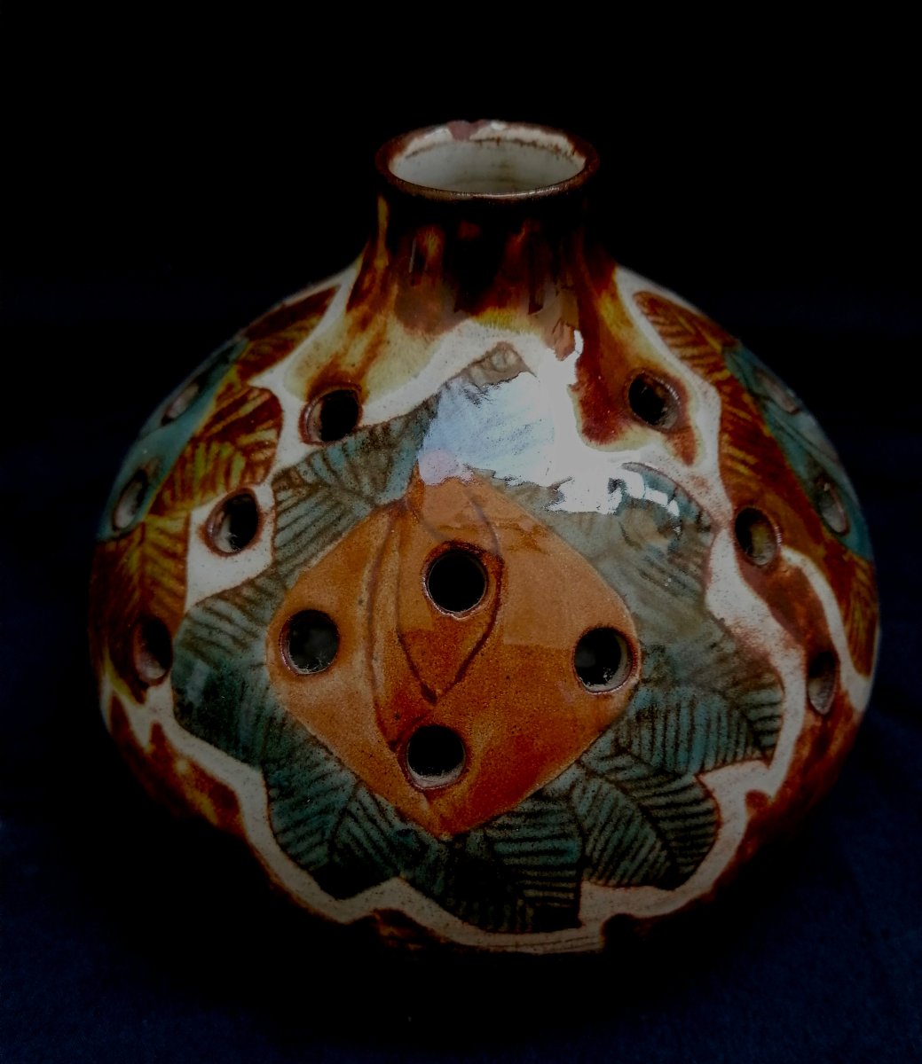 JEAN CLAUDE MALARMEY - VASE PIQUE FLEURS - DECOR AUX FEUILLES - CERAMIQUE - CIRCA 1960 --photo-3