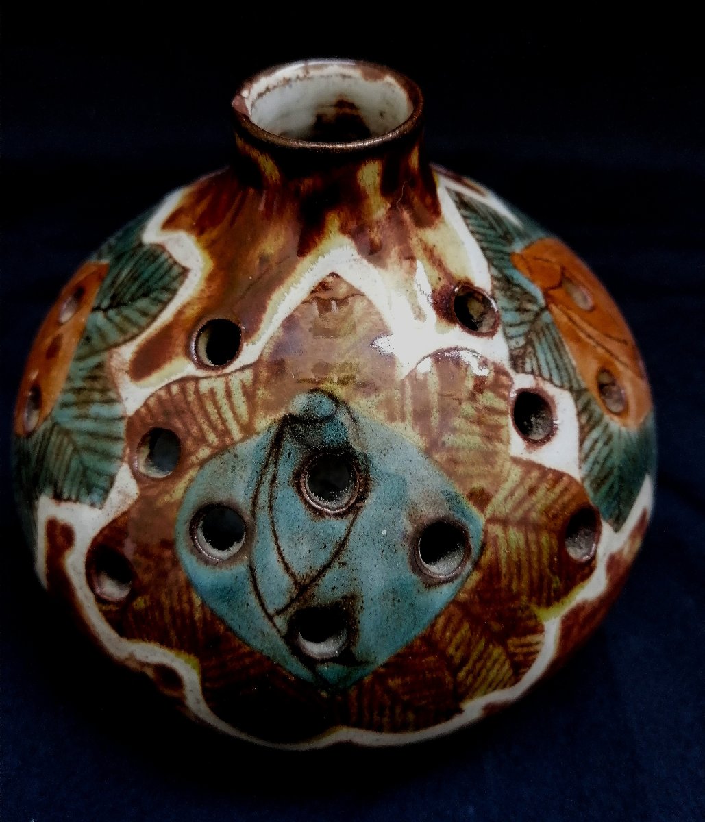 JEAN CLAUDE MALARMEY - VASE PIQUE FLEURS - DECOR AUX FEUILLES - CERAMIQUE - CIRCA 1960 --photo-4