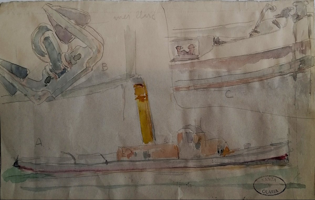 VICENTE SANTAOLARIA - AQUARELLE - PORTRAIT D'UN NAVIRE - ECOLE ESPAGNOLE - 