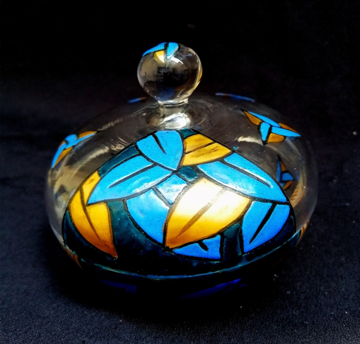 Toiletry Set - Enameled Glass - Art Deco - Geometric Pattern With Gold Accents - -photo-2