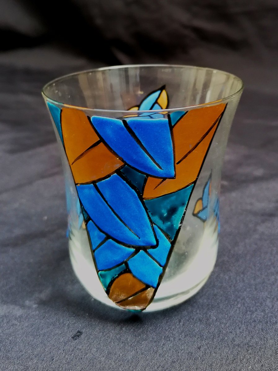 Toiletry Set - Enameled Glass - Art Deco - Geometric Pattern With Gold Accents - -photo-4
