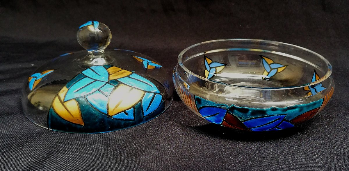 Toiletry Set - Enameled Glass - Art Deco - Geometric Pattern With Gold Accents - -photo-1