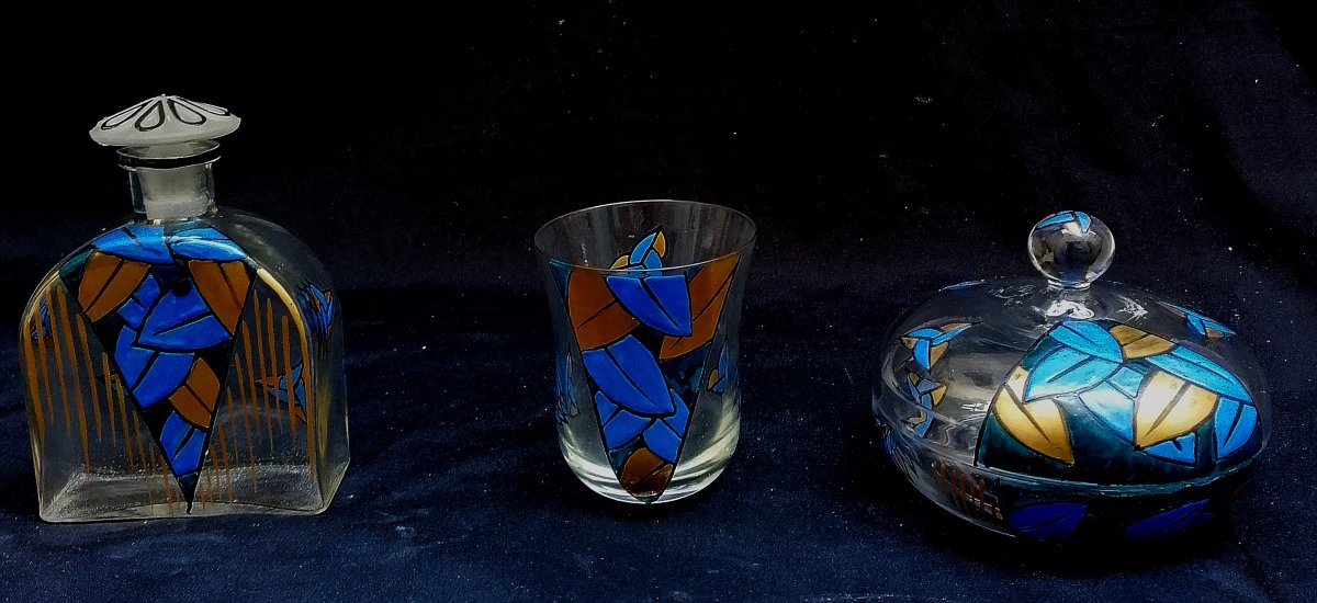 Toiletry Set - Enameled Glass - Art Deco - Geometric Pattern With Gold Accents - 