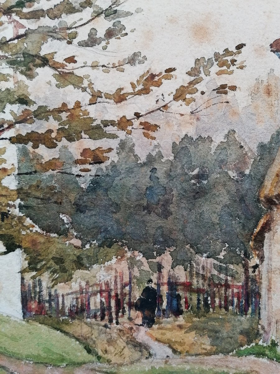 Watercolor - Henri Harpignies - The Entrance To A Farm, With The Farmwife Going About Her Business - Circa 1907 - -photo-2