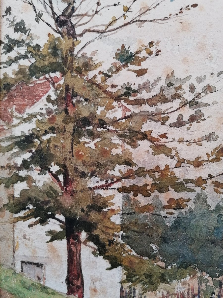 Watercolor - Henri Harpignies - The Entrance To A Farm, With The Farmwife Going About Her Business - Circa 1907 - -photo-3