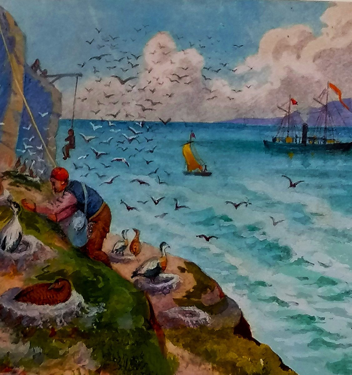 Miniature - Watercolor And Goaushe - Sailors Collecting Birds' Eggs And Down - Late 19th Century --photo-4