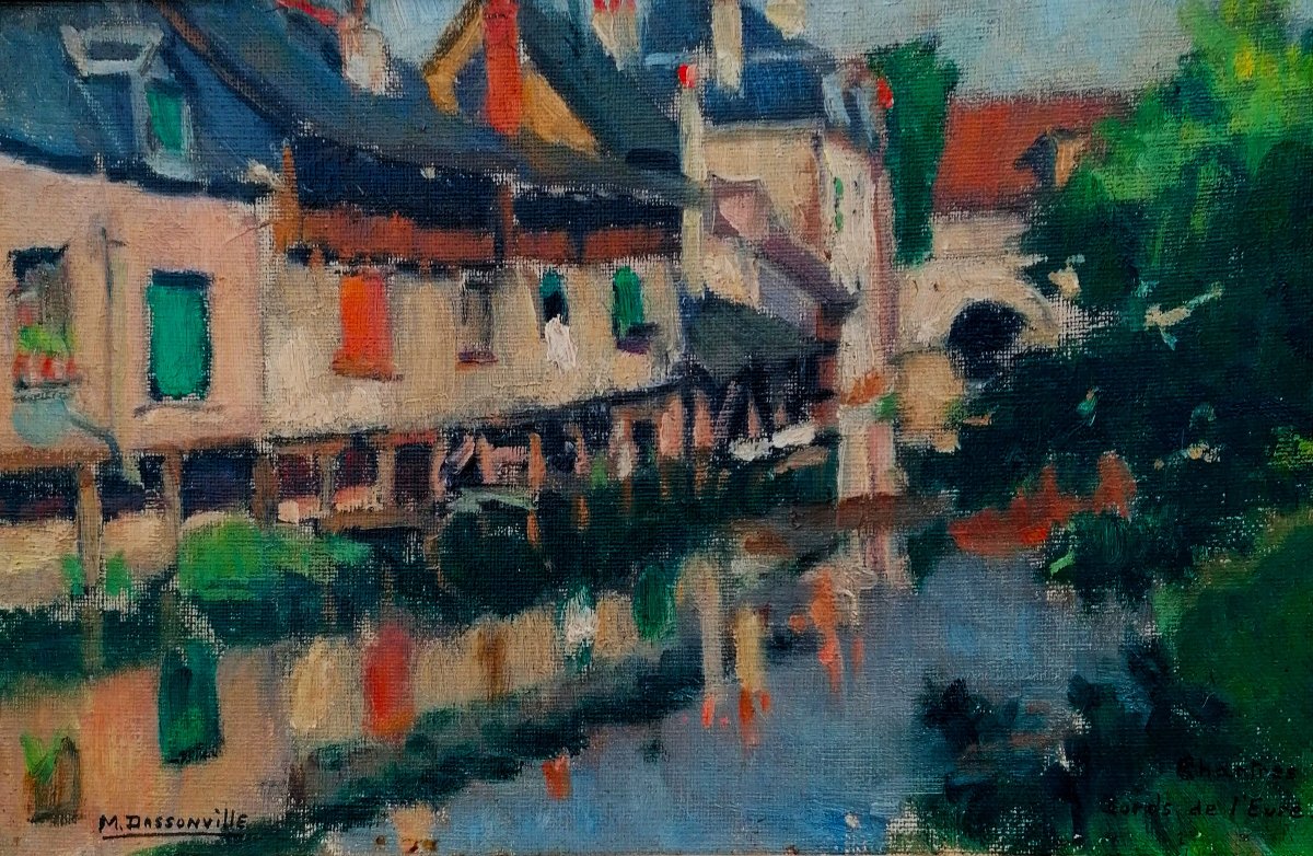 HUILE SUR TOILE - M. DASSONVILLE - CHARTRES - MAISONS ET LAVOIRS EN BORDS DE L'EURE - DEBUT XXE-photo-2