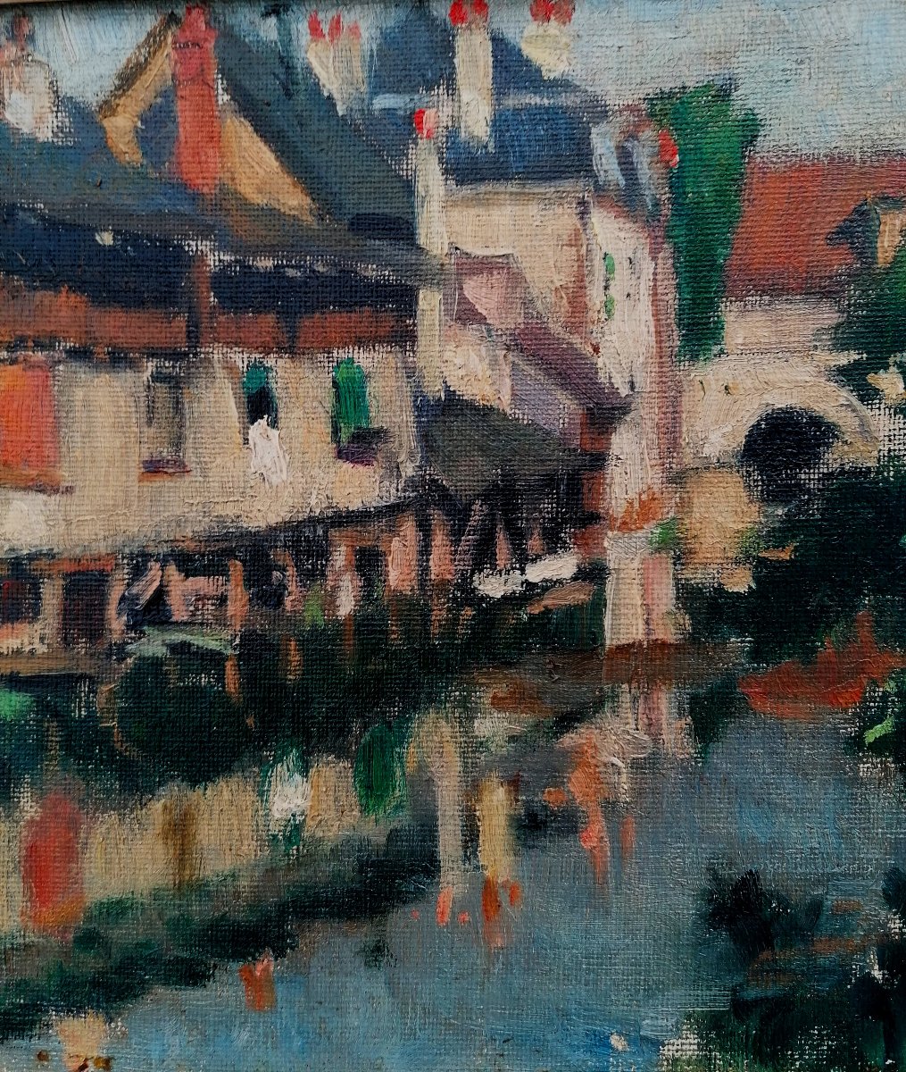 HUILE SUR TOILE - M. DASSONVILLE - CHARTRES - MAISONS ET LAVOIRS EN BORDS DE L'EURE - DEBUT XXE-photo-4