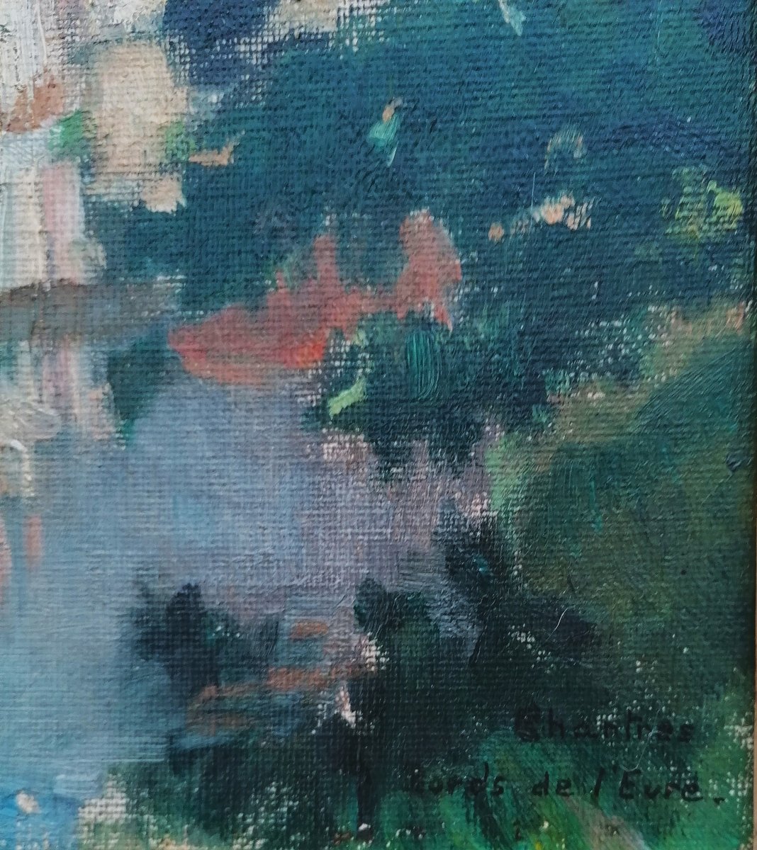 HUILE SUR TOILE - M. DASSONVILLE - CHARTRES - MAISONS ET LAVOIRS EN BORDS DE L'EURE - DEBUT XXE-photo-1
