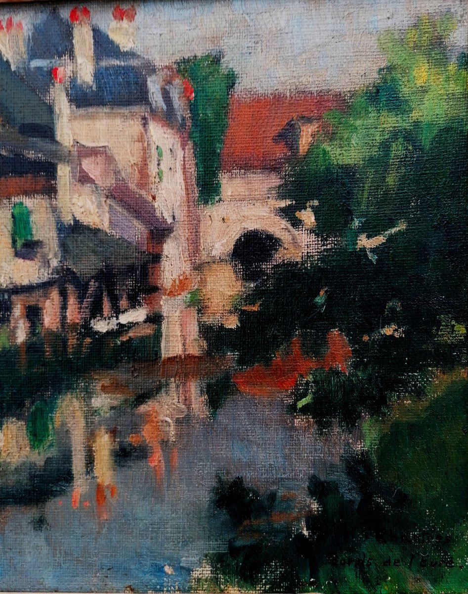 HUILE SUR TOILE - M. DASSONVILLE - CHARTRES - MAISONS ET LAVOIRS EN BORDS DE L'EURE - DEBUT XXE-photo-2