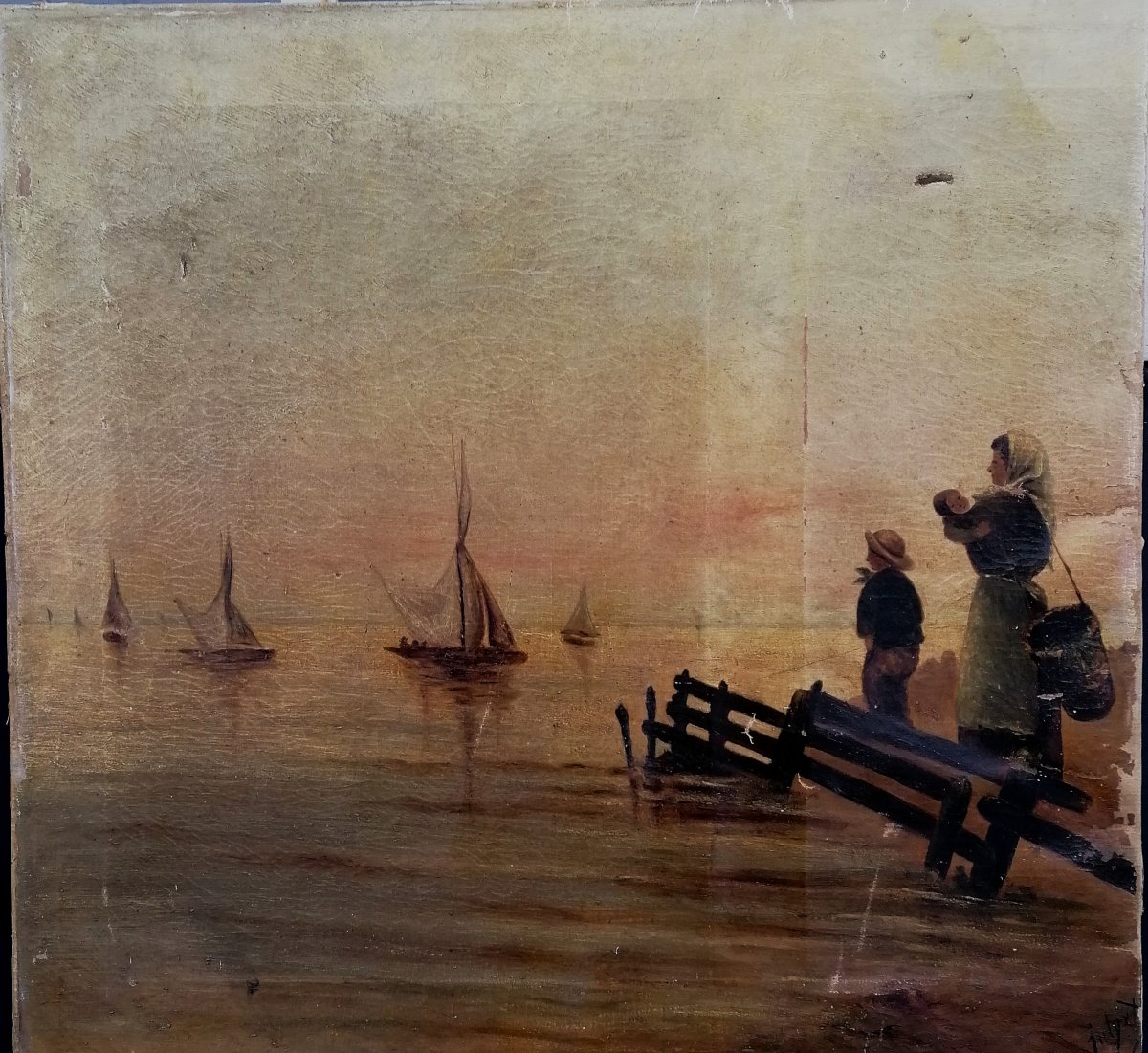 Oil On Canvas - Seascape - Departure Of The Fishing Boat - 19th Century - Needs Restoration - Cote d'Opale?