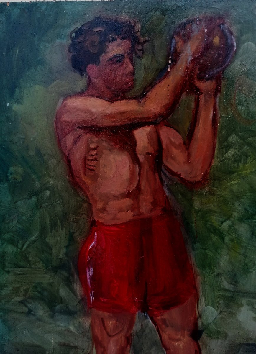 HUILE SUR PANNEAU - PORTRAIT D'UN ATHLETE - DEBUT XXEME SIECLE --photo-2