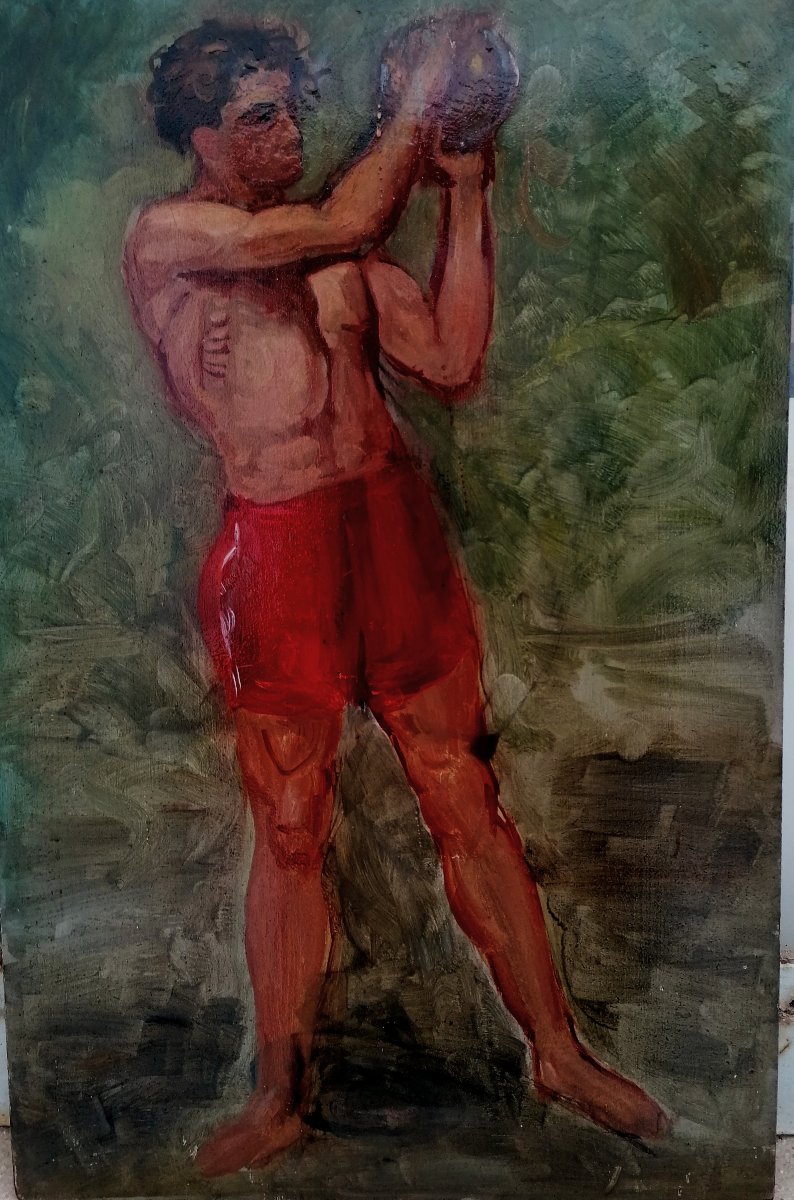 HUILE SUR PANNEAU - PORTRAIT D'UN ATHLETE - DEBUT XXEME SIECLE -
