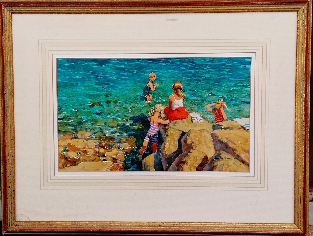 John Haskins - English School - Acrylic - Bathing Scene - 20th Century --photo-2