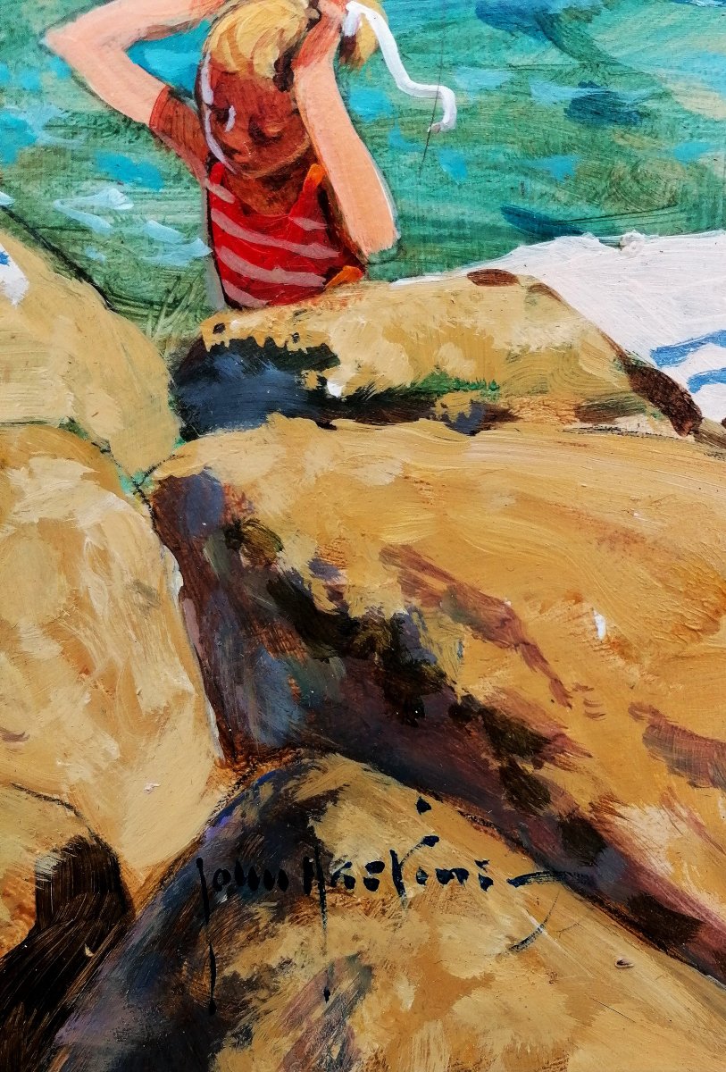 John Haskins - English School - Acrylic - Bathing Scene - 20th Century --photo-3