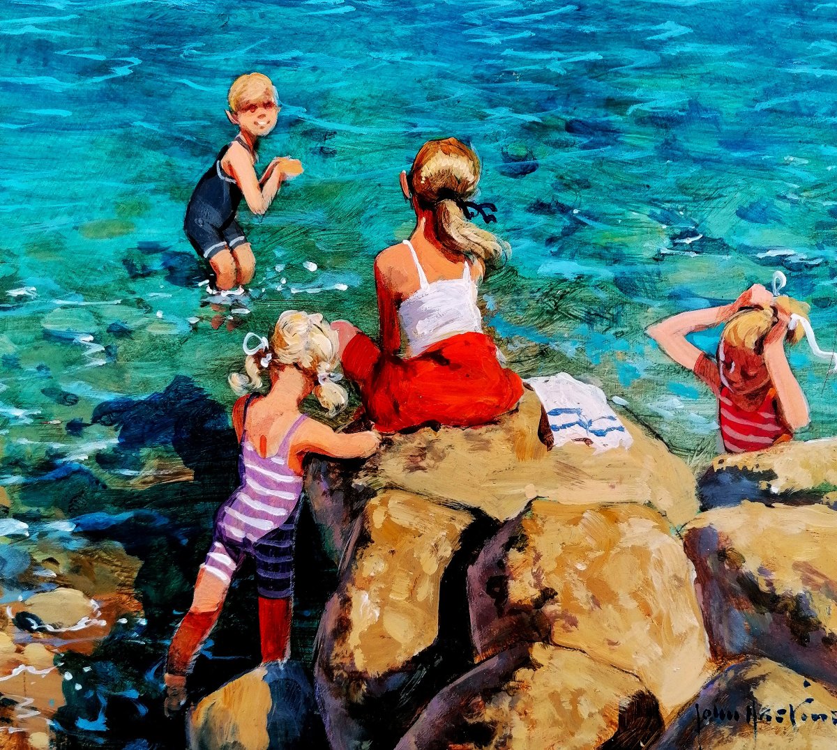 John Haskins - English School - Acrylic - Bathing Scene - 20th Century --photo-4