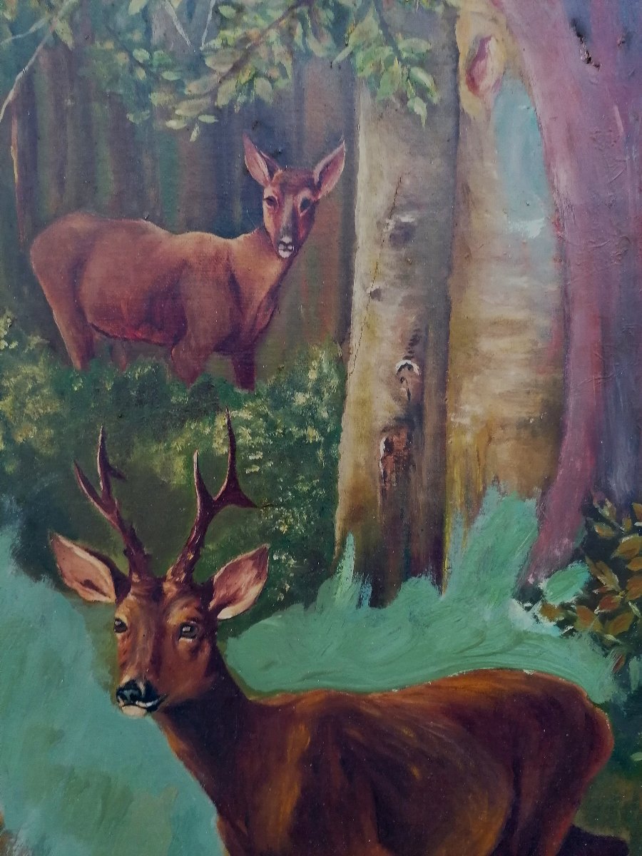 CERVIDES DANS LA FORET - HUILE SUR TOILE - FIN XIX - DEBUT XXEME SIECLE --photo-4