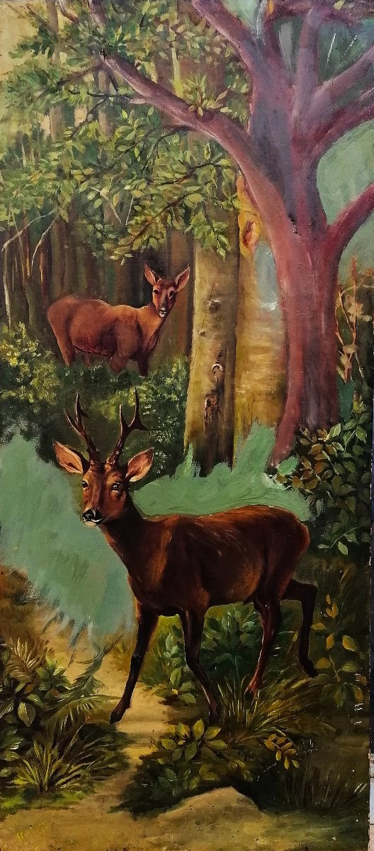 CERVIDES DANS LA FORET - HUILE SUR TOILE - FIN XIX - DEBUT XXEME SIECLE -