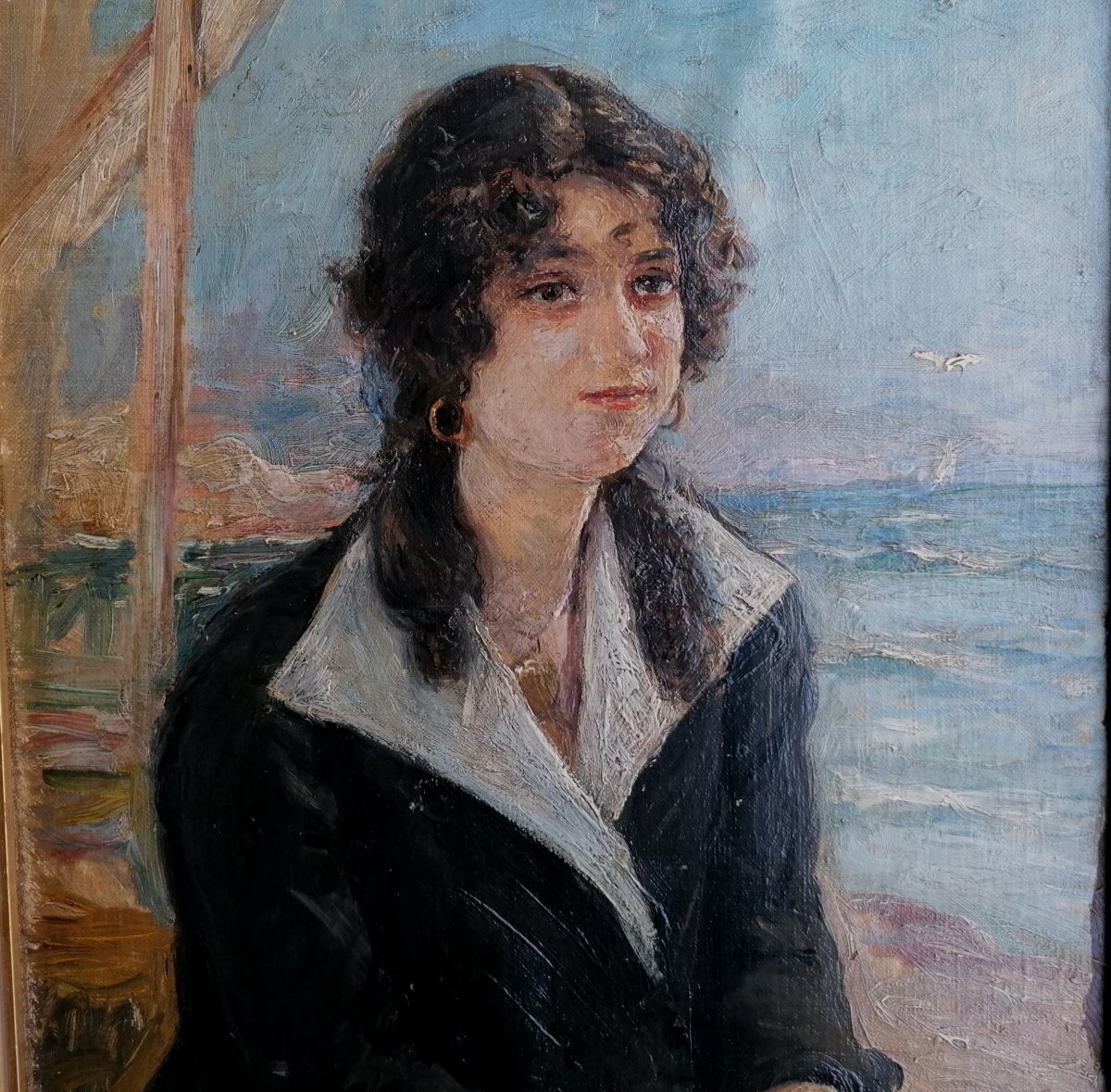 Portrait-young Woman-edge Of Beach-joseph Faust-1868 1934-ecole Provencale--photo-2